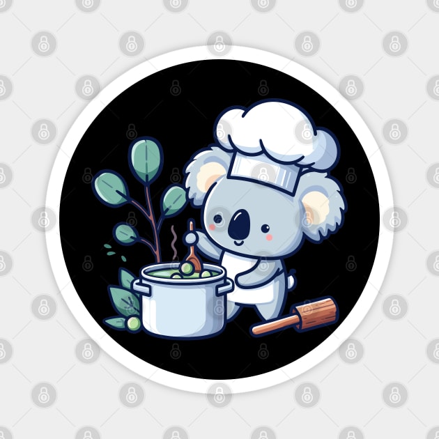 Cute koala chef holding pot with soup, koala bear cooking illustration, koala lover chef design Magnet by Nora Liak